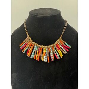 Boho Multi Color Seed Bead Bib Fringe Statement Necklace Antique Brass Tone